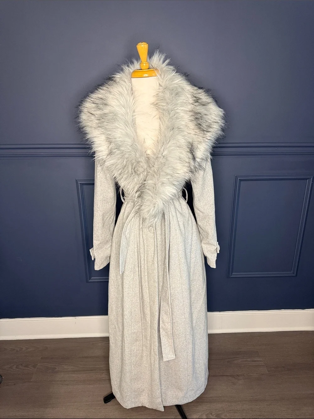 JLUXLABEL Light Gray Long Shawl Collar Coat with Tie Waist